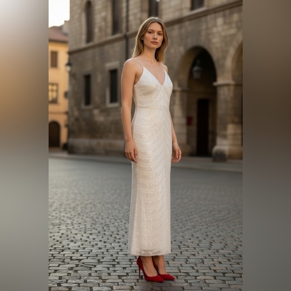 Hot Miami Styles Dresses & Skirts - Hot Miami Styles White Pearl Sequin V-Neck Lined maxi Dress Small